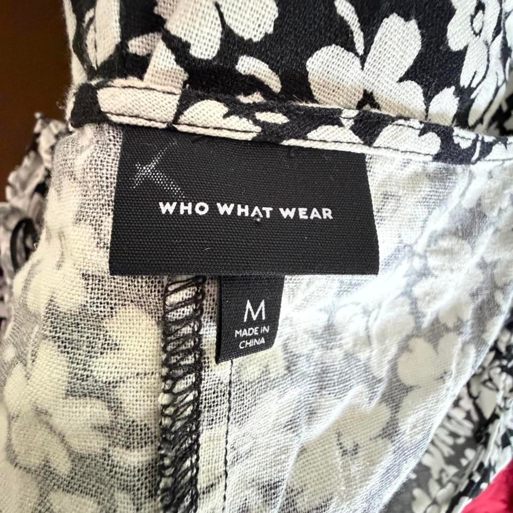 Who What Wear Black White Floral Peasant Midi Dress Ruched Front Short Sleeve M - Picture 4 of 5